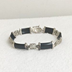 Black Onyx Silver Art Deco Bracelet Signed DGJ